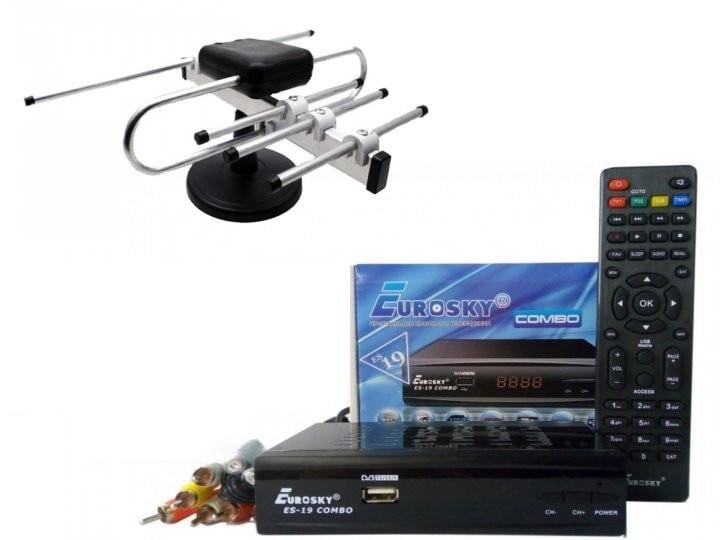 Комплект DVB-S2/T2 тюнер комбинированный Eurosky ES-19 Combo/антенна комнатная Волна-2