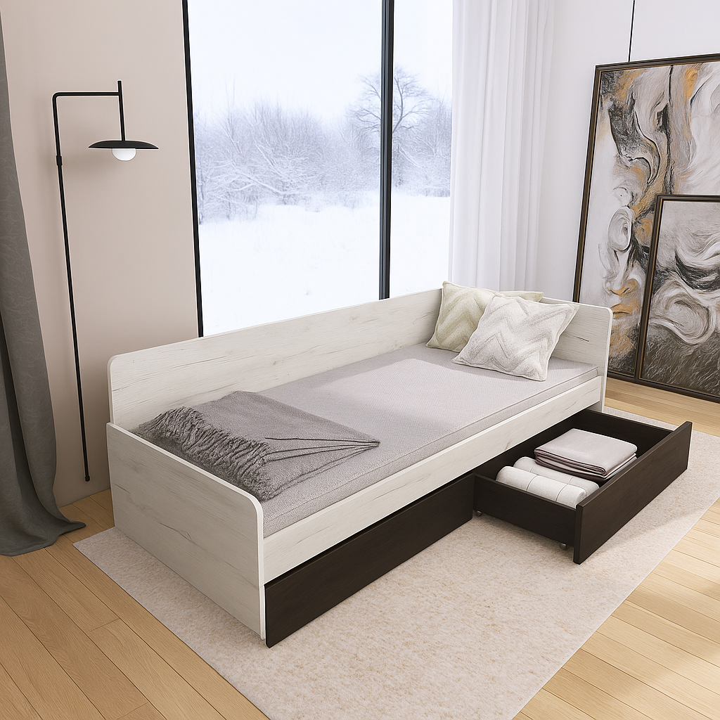 Кровать детская с ящиками Еверест 800 ЩИТ ДСП Крафт Белый/Венге (е-207476)