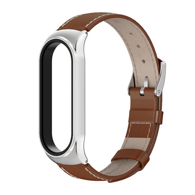 Ремешок для смарт-браслетов MiJobs CS кожаный для Xiaomi Mi Band 5/4/3 Коричневый/Серебряный (2524P)