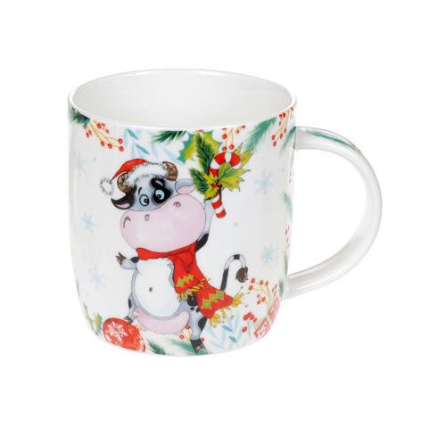 Кружка фарфоровая Новогодняя Коровка подарочная коробка 350 мл (BD-K009)
