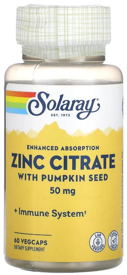 Цитрат цинка с тыквенными семечками Solaray Zinc Citrate with Pumpkin Seed 50 мг 60 капсул