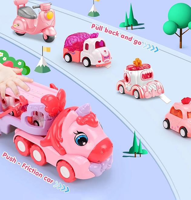 Набор игровых машинок Единорог для девочек автовоз инерционный и 4 машинки с подсветкой Розовый - фото 7 Набор игровых машинок Единорог для девочек автовоз инерционный и 4 машинки с подсветкой Розовый - фото 7