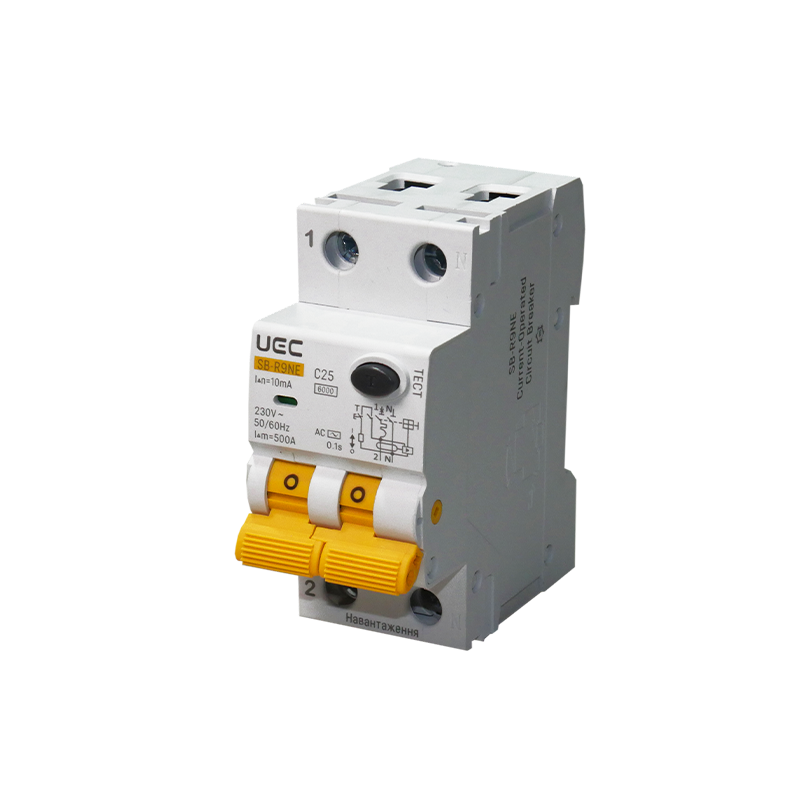 Дифференциальный выключатель UEC SB-R9NE 2P 25А 10мА 6кА тип АС (RCBO60-2-025-C-010-AC)