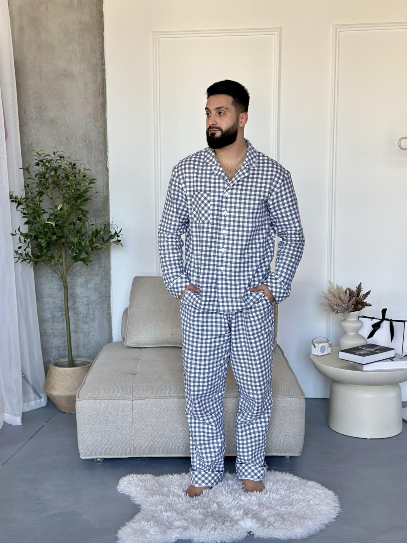 Піжама чоловіча COSY Harmony клітинка штани/сорочка з фланелі 2XL Сіро-білий (CHFGW2827)