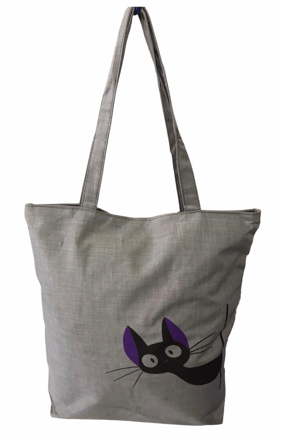 Шопер женский тканевый повседневный на молнии кот с фиолетовыми ушами Серый (026K)