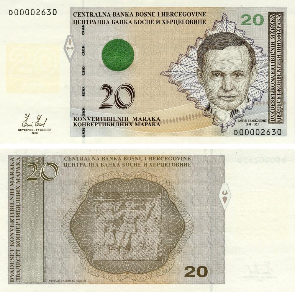Коллекционная банкнота Босния и Герцеговина 20 марок 2008 UNC P82 (Б05441)