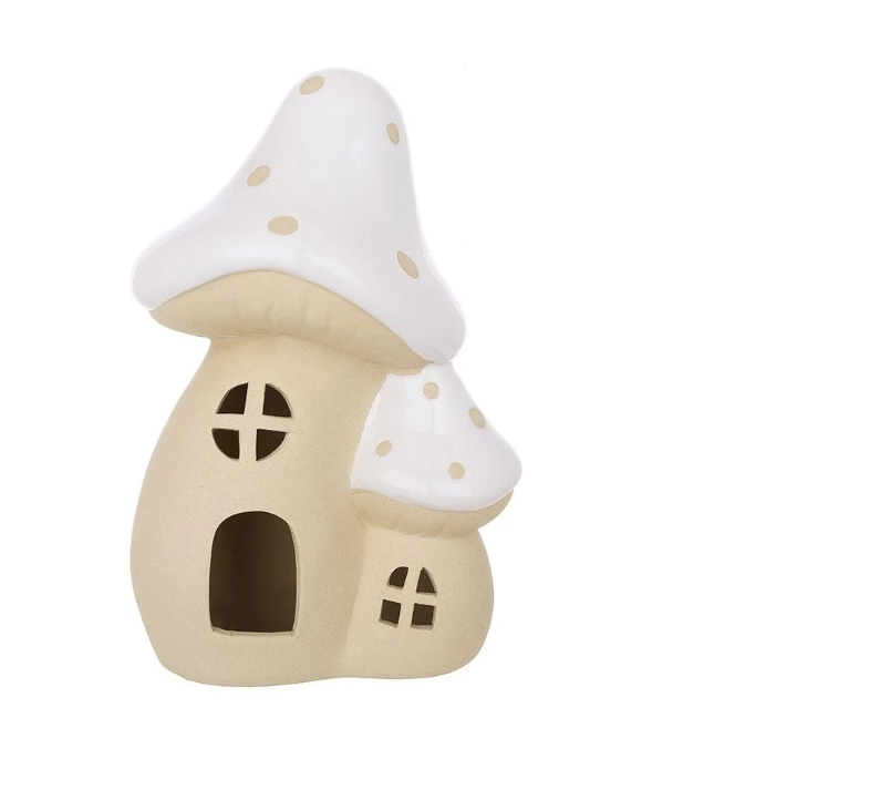Керамический домик с LED-подсветкой Гриб 20 см Бежевый с белым