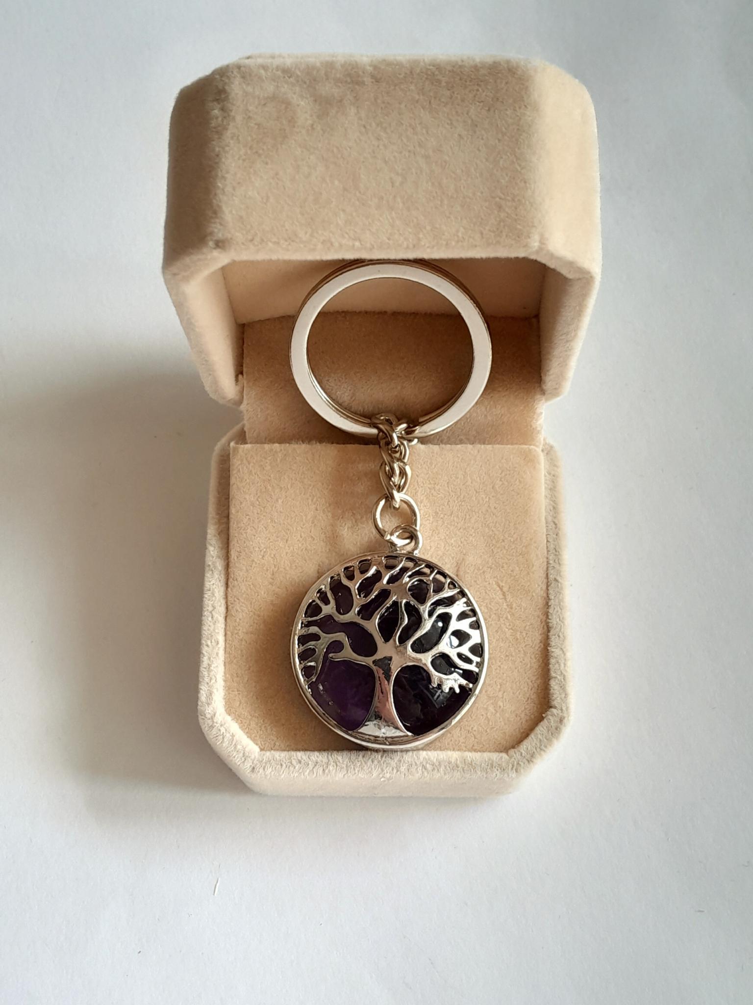 Кулон с натуральным камнем Аметист в оправе Дерево жизни на стальном брелоке в бархатной коробочке (16047)