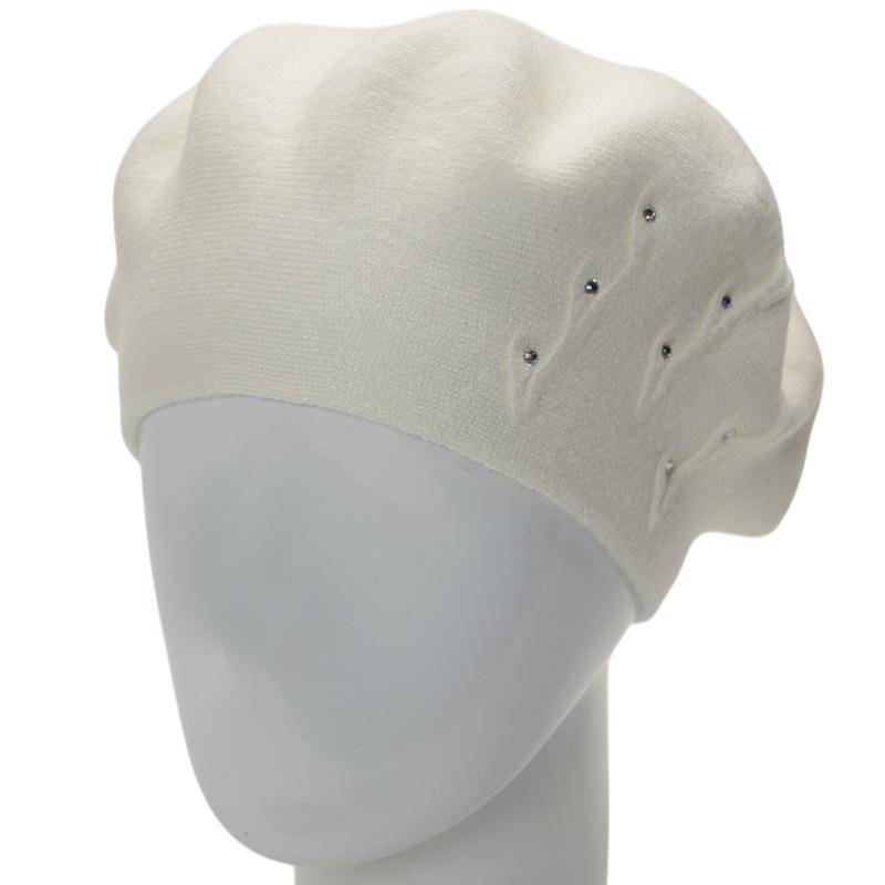 Берет женский вискозный двойной Novita Флорина с узором сбоку и стразами Белый