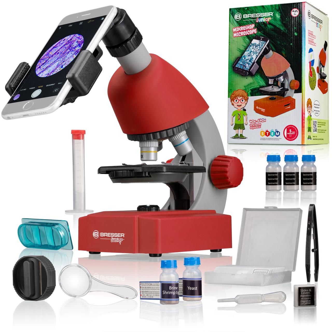 Микроскоп Bresser Junior 40x-640x с набором для опытов и адаптером для смартфона Red (8851300E8G000)