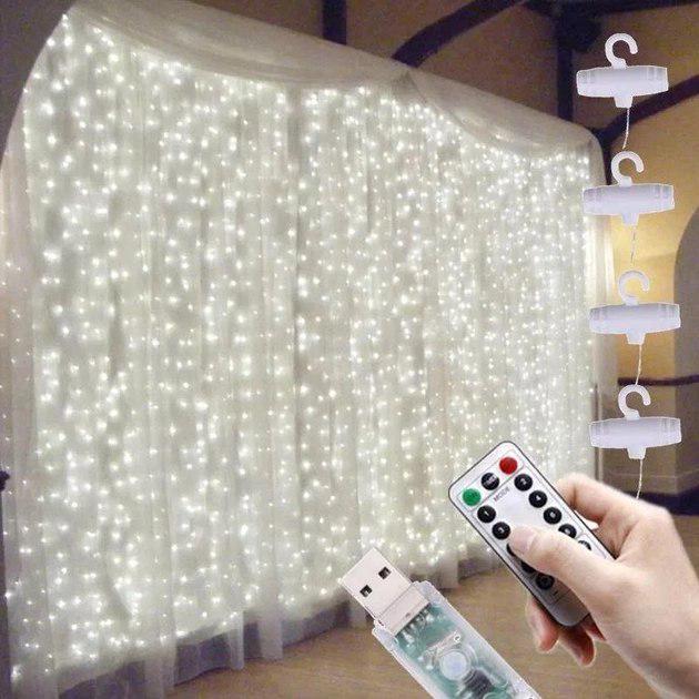 Гирлянда-штора новогодняя Light USB с пультом 8 режимов 300 LED 3х3 м Нейтральный белый (745925) - фото 5