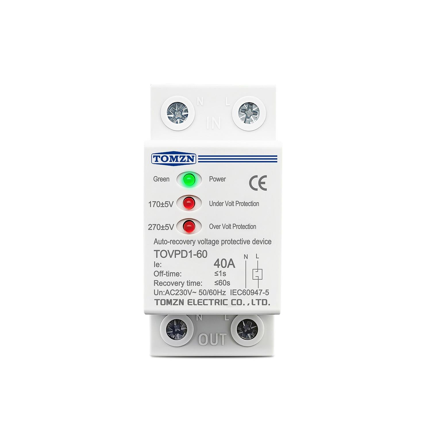 Реле защиты от перепадов напряжения TOMZN TTOVPD1-60 3LED 230V 40А Реле защиты от перепадов напряжения TOMZN TTOVPD1-60 3LED 230V 40А