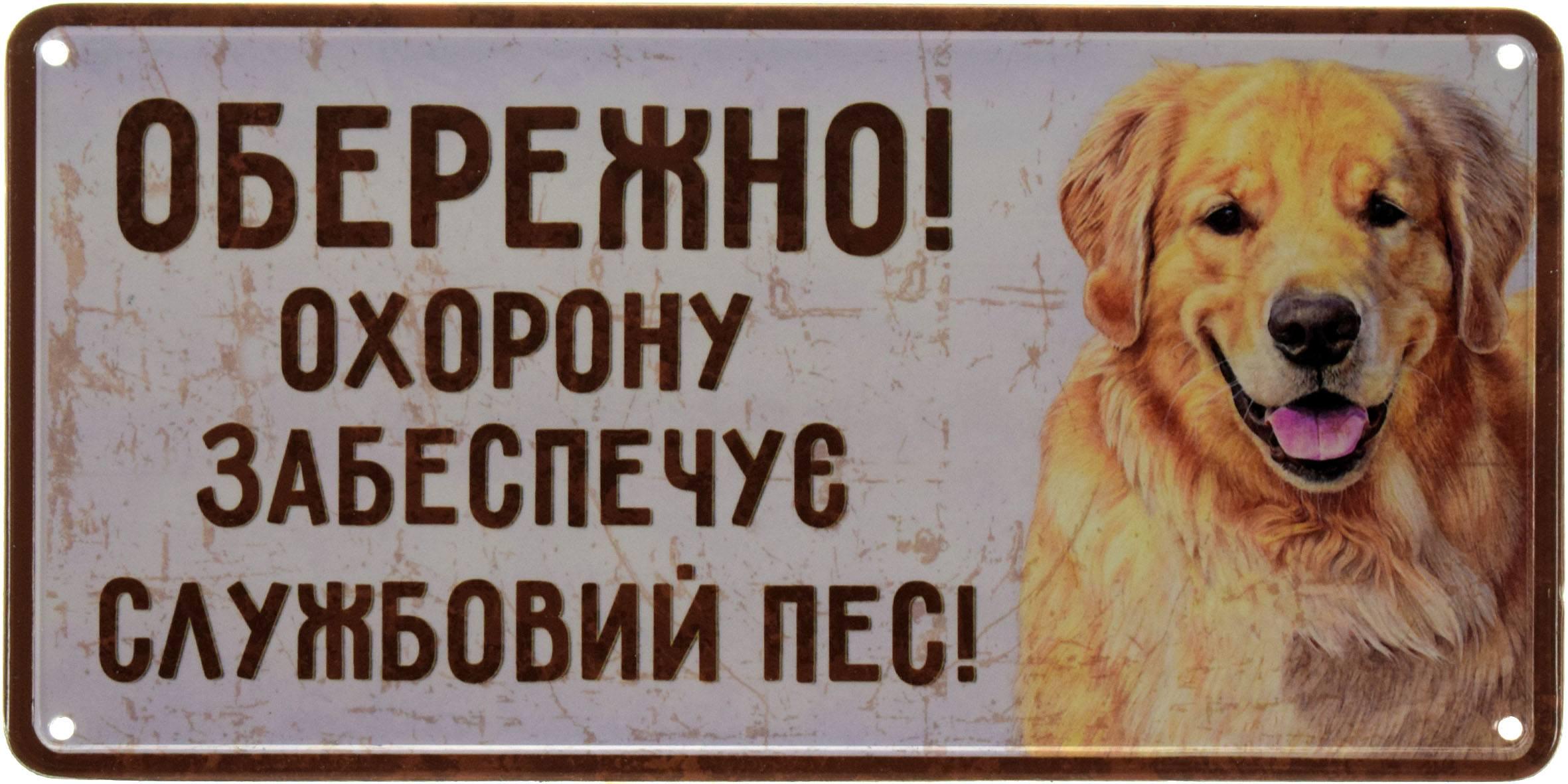 Табличка металлическая "Обережно! Охорону Забезпечує Службовий Пес!" Ретрівер 15x30 см