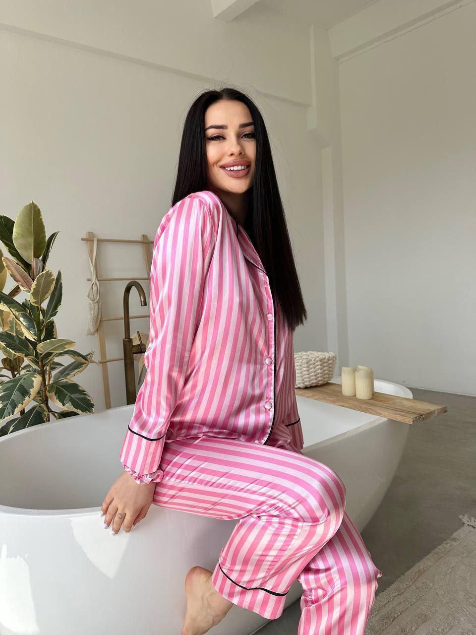 Пижама в полоску с премиум шелка Манго S Розовый (2069) - фото 4 Пижама в полоску с премиум шелка Манго S Розовый (2069) - фото 4