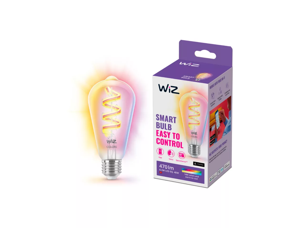 Умная лампа WiZ Filament ST64 E27 RGB 6,3Вт 470 лм WiFi Matter Bluetooth White/Color (3102093213)