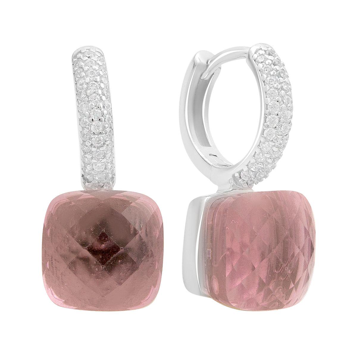 Сережки срібні з фіанітом подушкової форми рожевого кольору та паве-закріпкою Сережки срібні з фіанітом подушкової форми рожевого кольору та паве-закріпкою