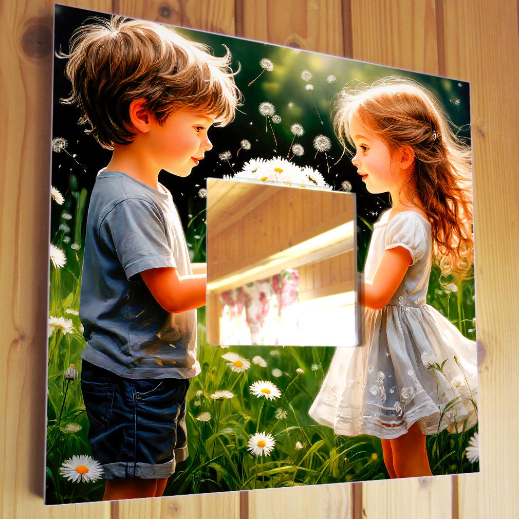 Зеркало декоративное Мальчик и девочка с букетом ромашек 260х260 мм (M04652)