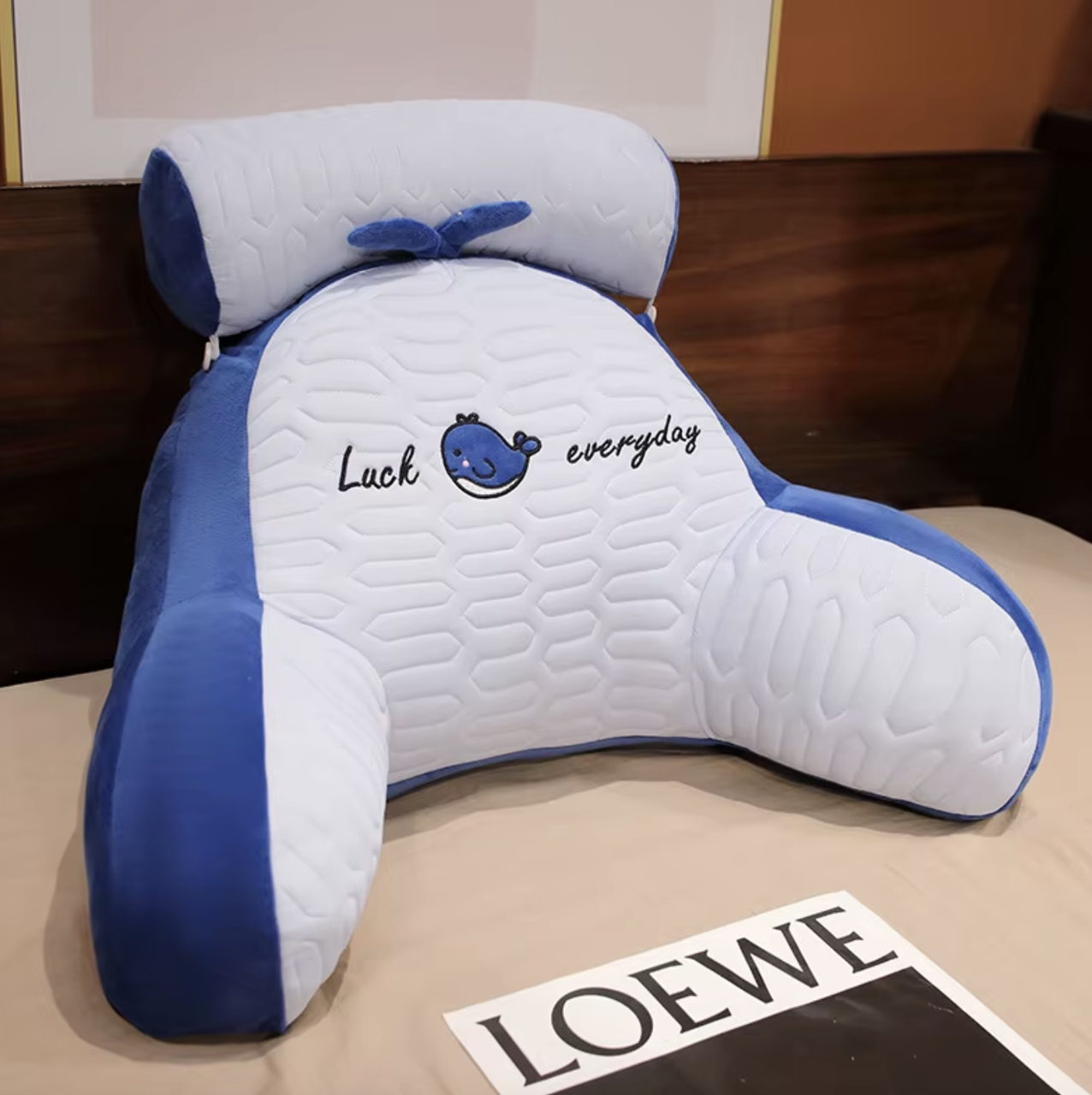 Подушка-спинка м'яка для читання з додатковою подушкою що знімається 60х40 см Біло-синій