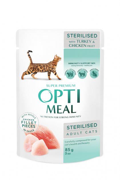 Корм вологий для стерилізованих котів Optimeal зі смаком індички та курячим філе в соусі 85 г 12 шт.
