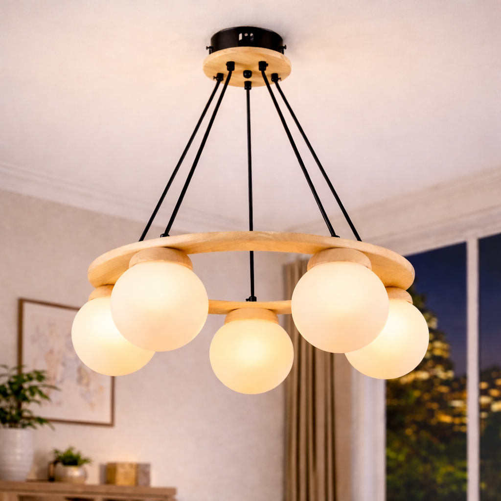 Люстра Valeso с деревянным каркасом под пять ламп Е27 Черный (B N6843/5 BK+WOOD)