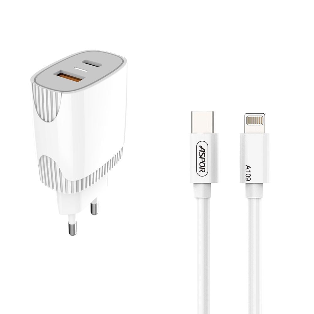 Зарядное устройство для телефонов Aspor A816 20W USB + USB-C PD кабель Lightning Белый (557-925128)