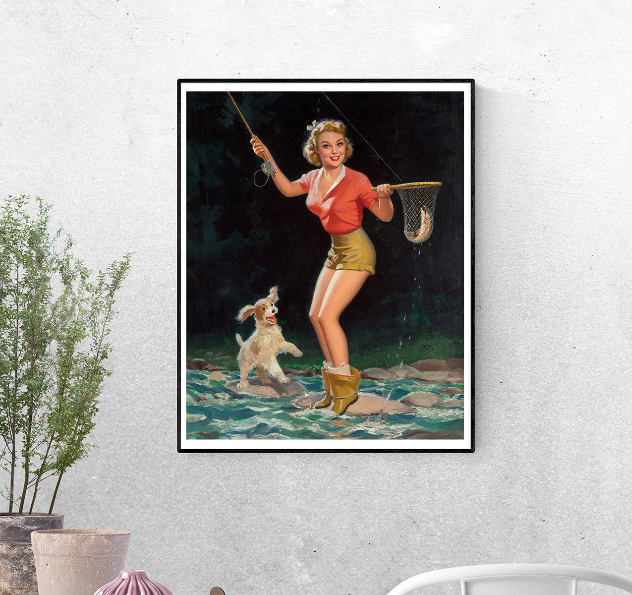 Постер Девушка на рыбалке с удочкой Уолта Отто формат А-2 (pin_up010114_Poster)