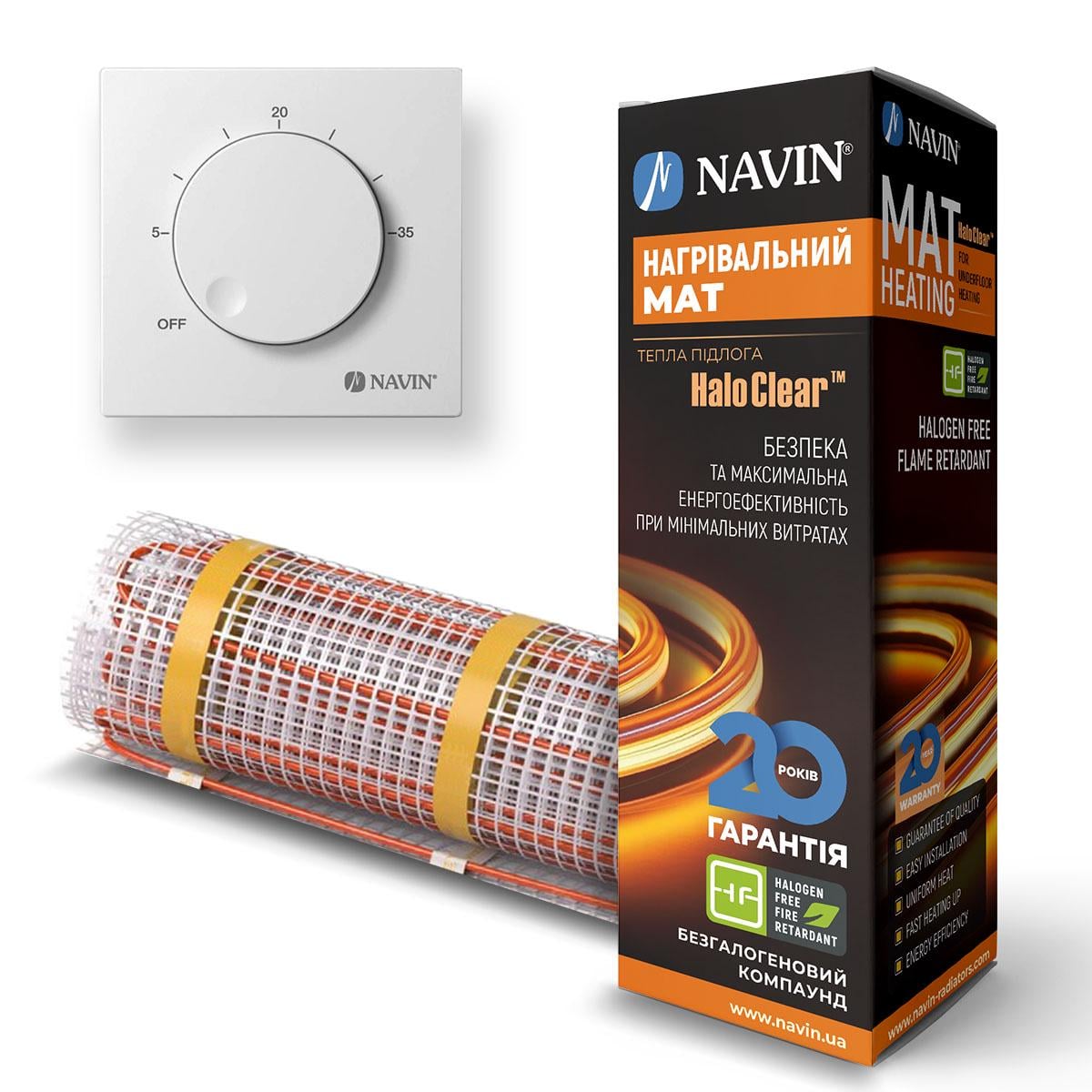 Комплект теплого пола Basic нагревательный мат NAVIN HaloClear 340 Вт 1,7 м² 3,4 м и терморегулятор NAVIN EH84WM-16A Белый матовый