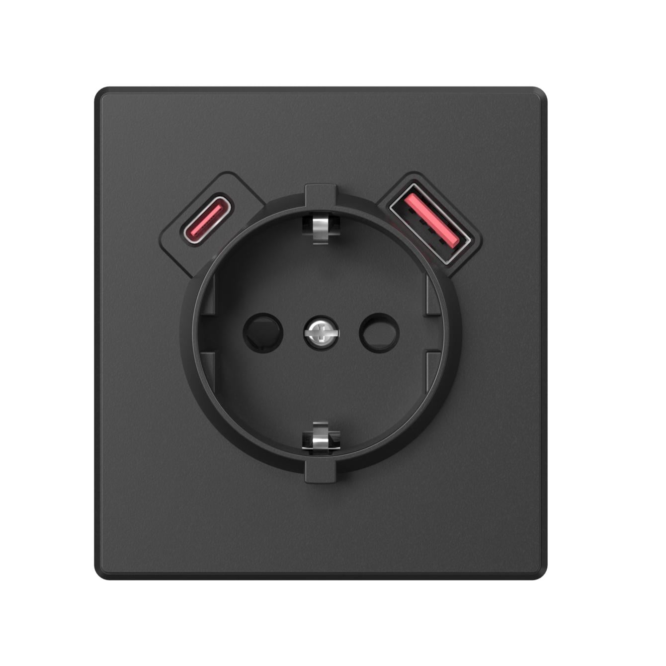 Розетка одинарная с заземлением Videx NOTA USB-A+C 20W Угольно-черный (VF-NT-SK1GUC-BL)