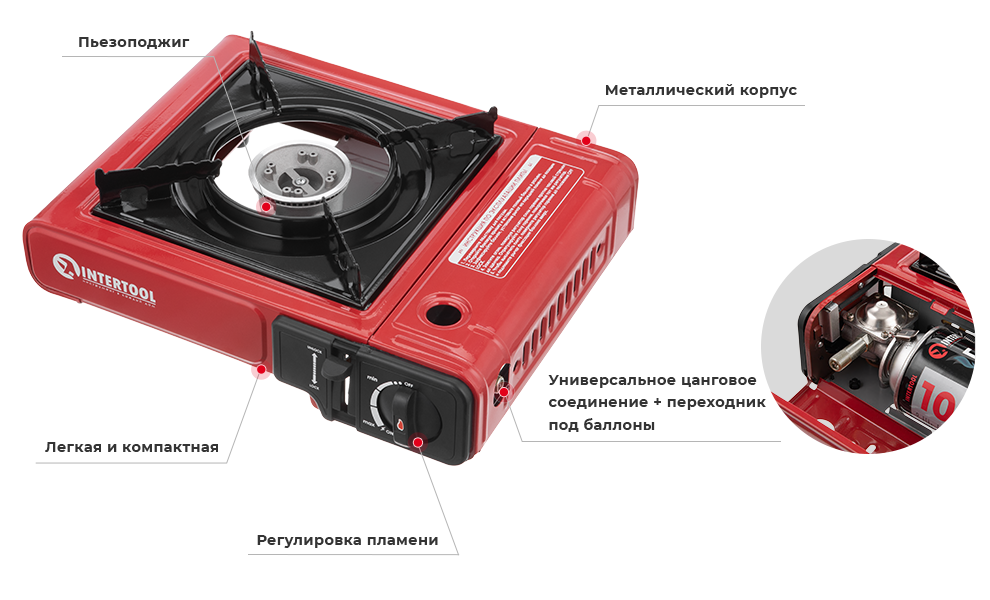 Плита газовая Intertool GS-0001 одноконфорочная под газовые баллоны бутан/пропан-бутан (15257916) - фото 2