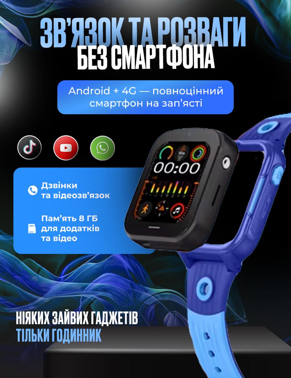 Смарт-годинник дитячий D38 з SIM картою GPS прослуховуванням відеодзвінком 4G Play Market Операційна система Android OS Синій - фото 5