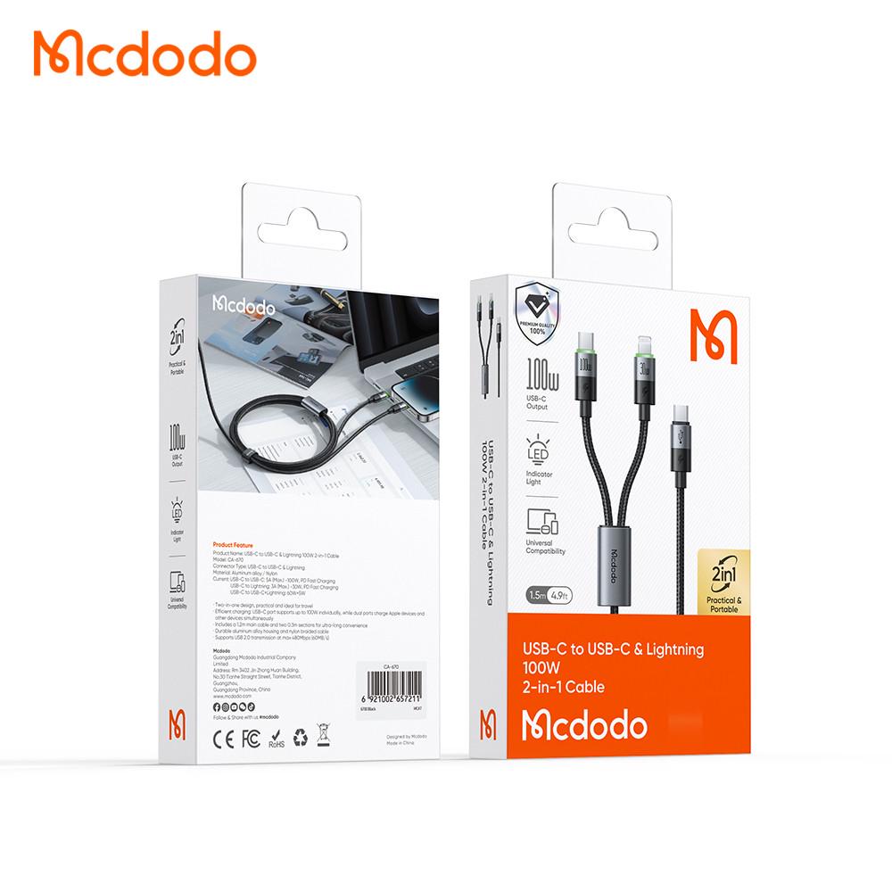 Кабель быстрой зарядки Mcdodo 2в1 USB-C to USB-C + Lightning 100W Cable with LED 1,5 м (CA-6700) - фото 2 Кабель быстрой зарядки Mcdodo 2в1 USB-C to USB-C + Lightning 100W Cable with LED 1,5 м (CA-6700) - фото 2