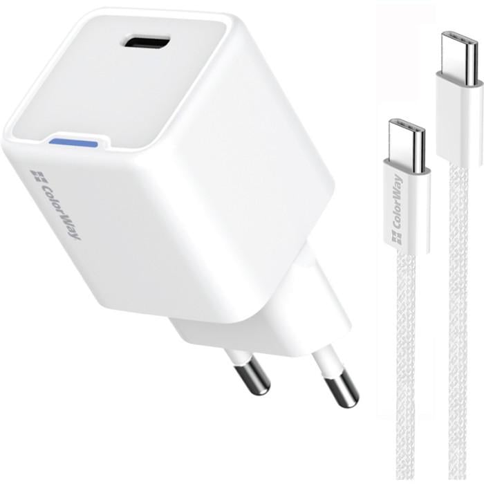 Зарядное устройство сетевое ColorWay GaN Mini CW-CHS052PDC-WT 25W с кабелем USB-C USB-C PD 3.0/QC 4.0 PPS White