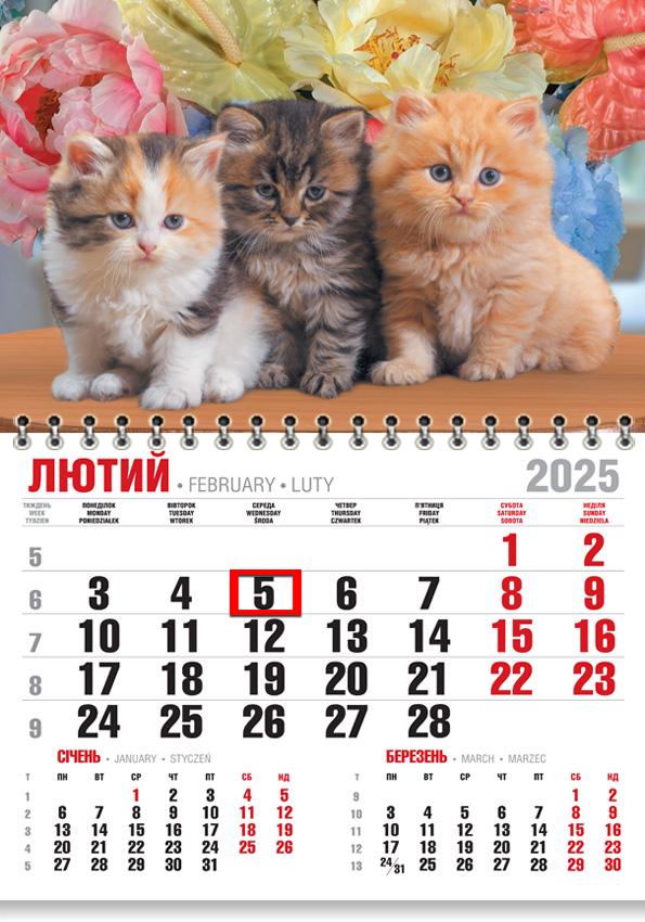 Календар на 2025 р. Економ Трійка кошенят в квітах Календар на 2025 р. Економ Трійка кошенят в квітах