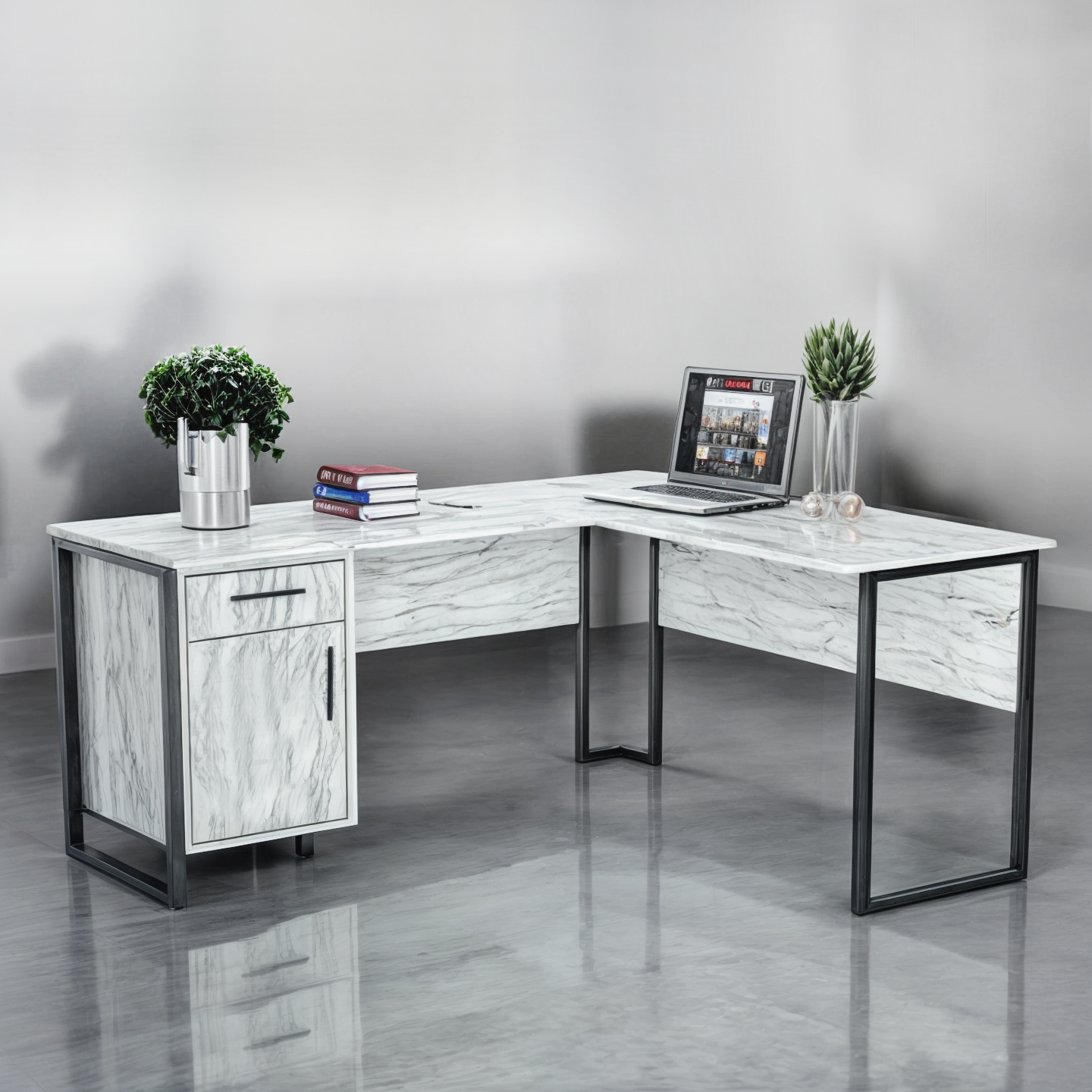 Стол угловой офисный Tobi Sho LOFT Iceberg СУЛА/4-1 с тумбой столешница 18 мм 1400х1200х750 Дуб крафт белый