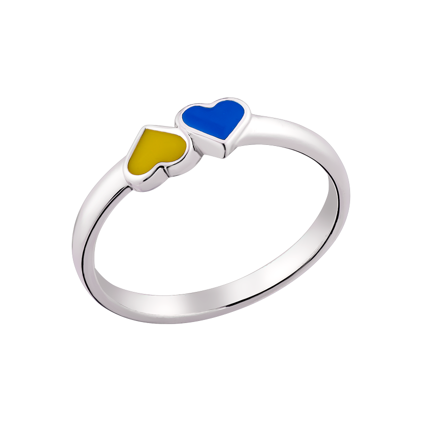 Кольцо серебряное Два сердца нежная эмаль в патриотичных цветах р. 18
