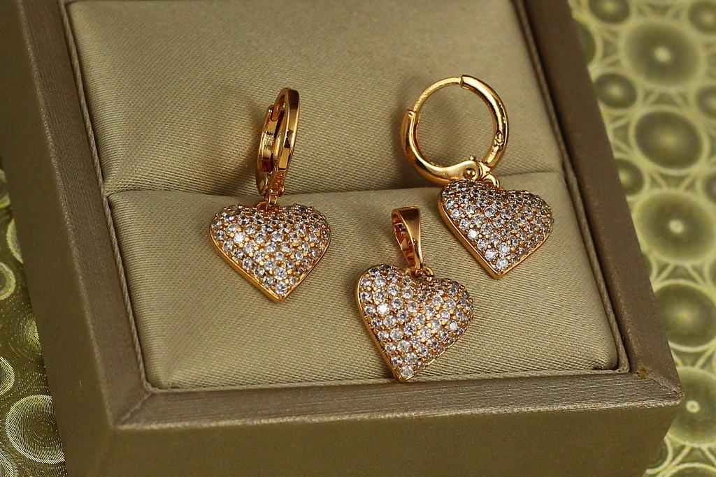 Набор Xuping Jewelry серьги подвески и кулон сердце с мелкими фианитами 2,4 см Золотой (2563347034)