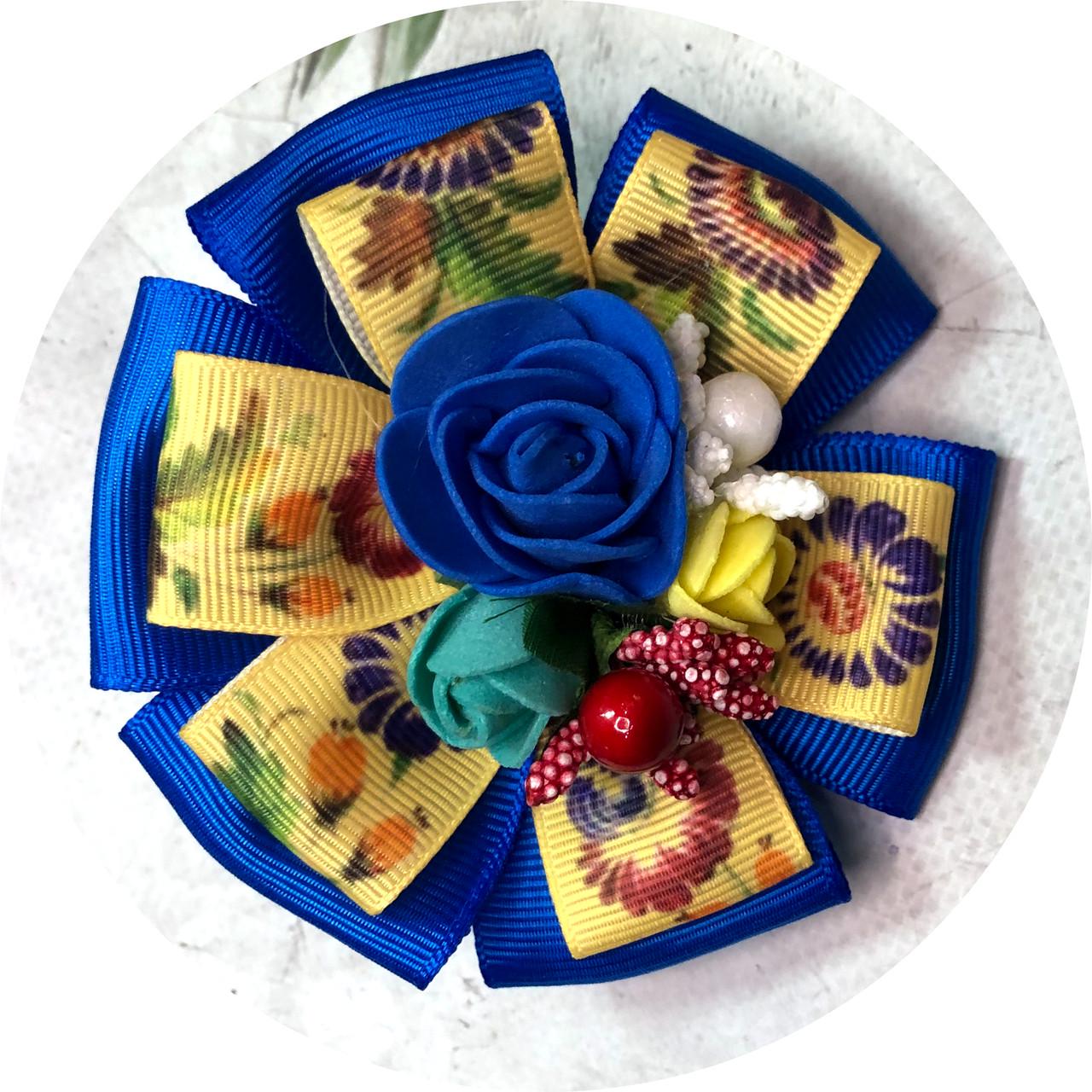 Бантик детский на резинке Украинский орнамент с цветочками D9 см Синий (11398)