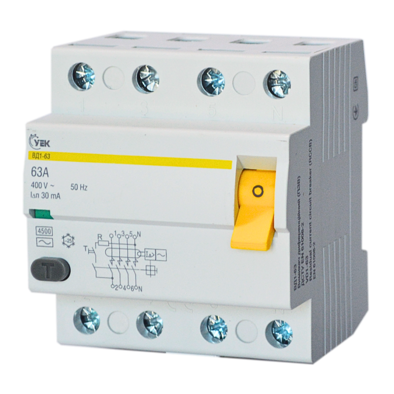Пристрій захисного відключення УЕК ВД1-63 4P 63A 30мА тип АС (MDV10-4-063-030-U)