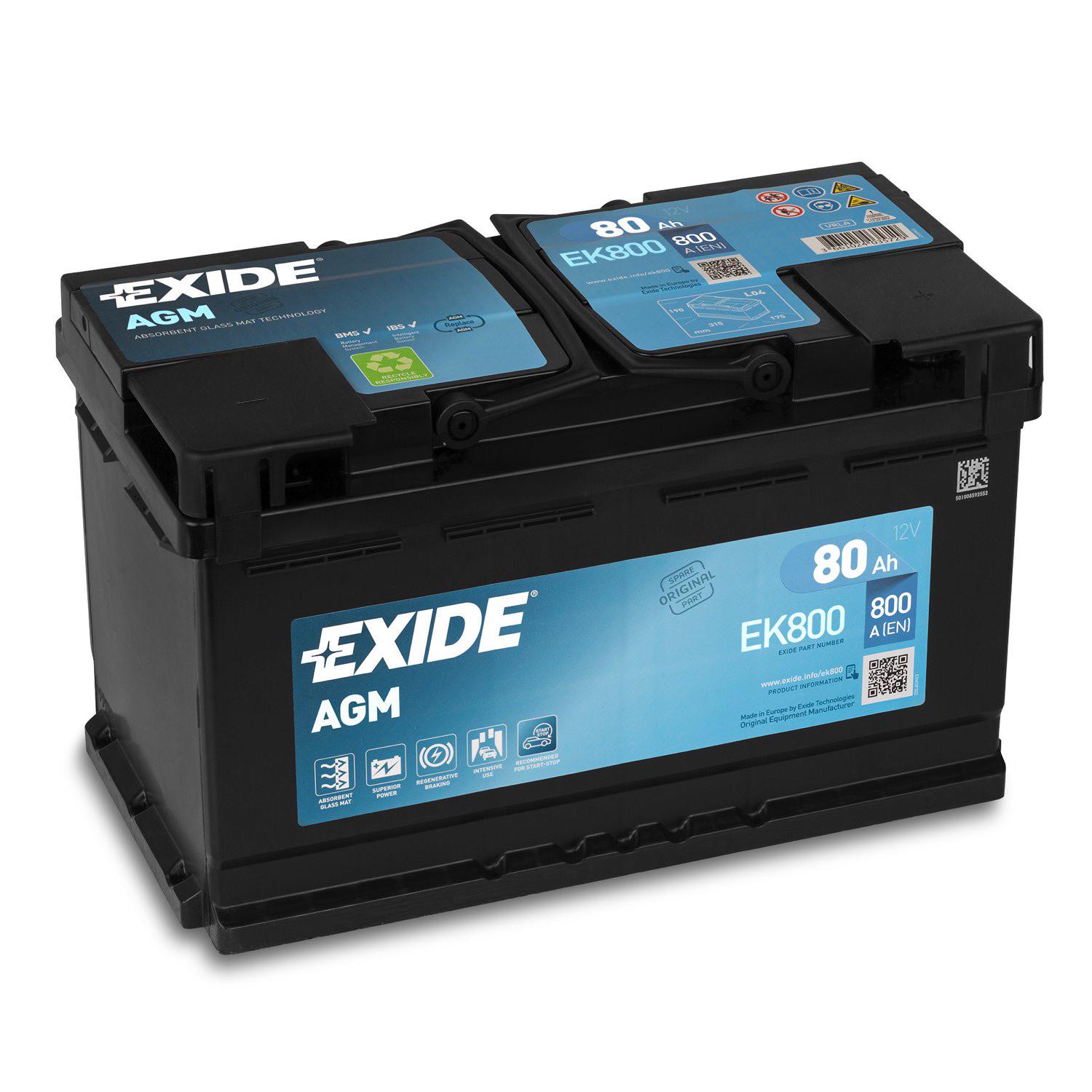 Акумулятор автомобільний EXIDE Start-Stop AGM 80 Ah 800A 12V