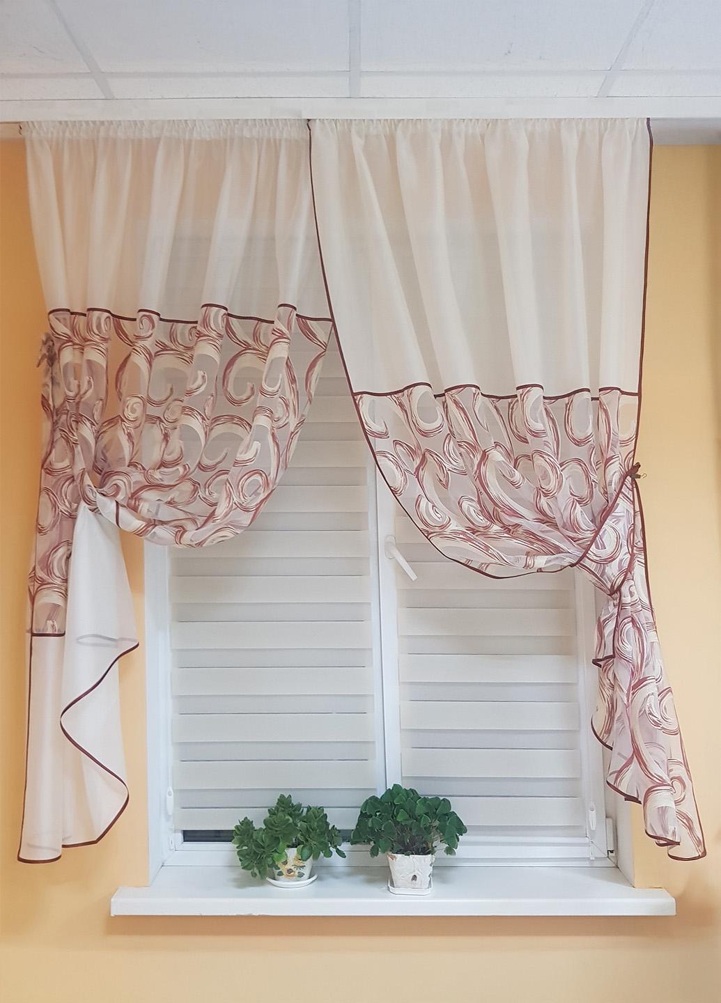 Комплект гардин до подоконника Firanka Завитки 200 см Молочный с терракотовым (73_2к)