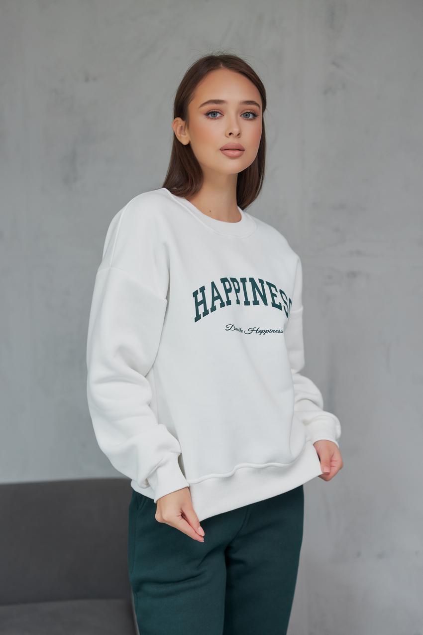 Свитшот женский Happiness М132.4/1 начес L Кремовый/Зеленый (595-1-62)
