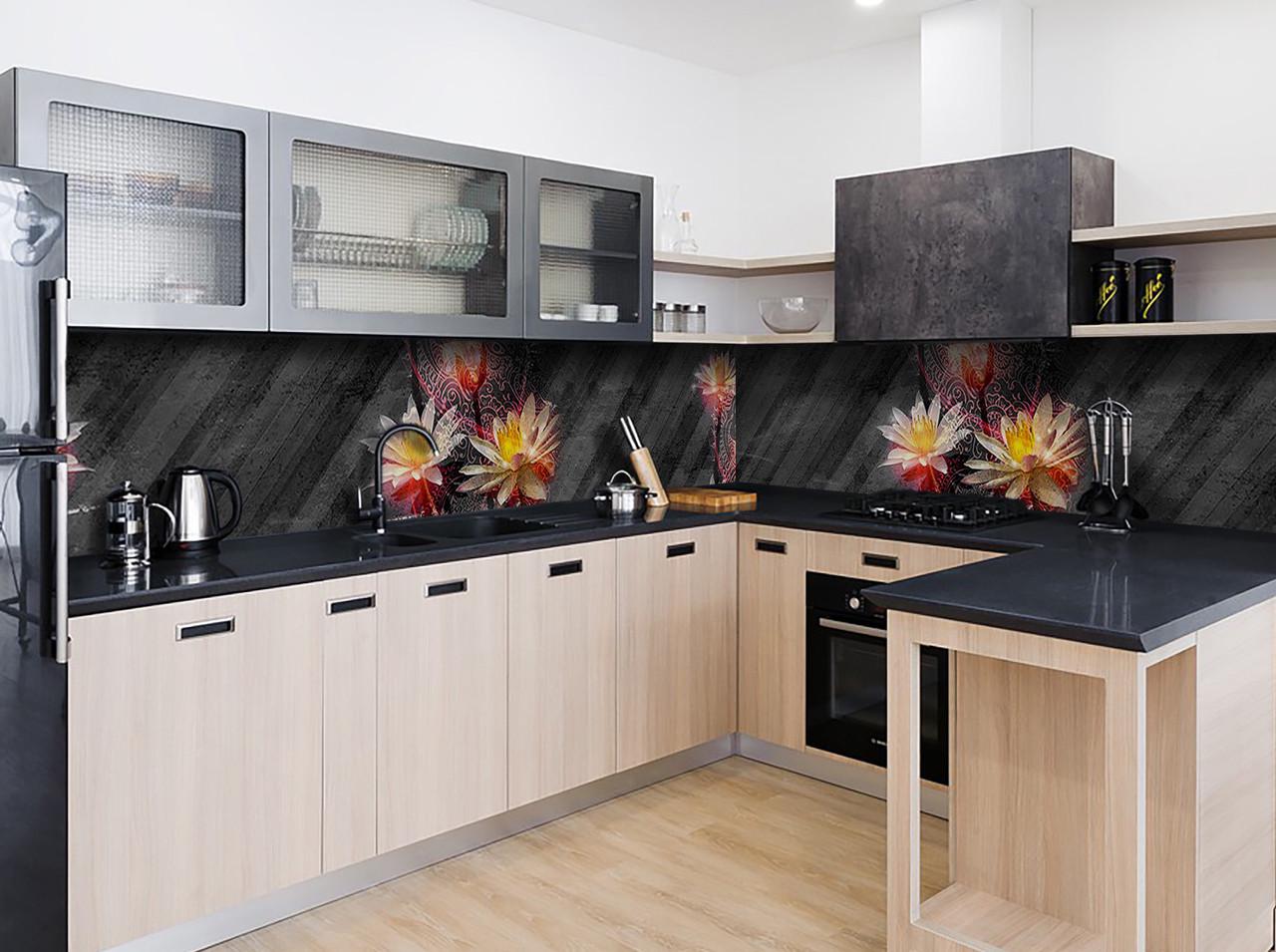 Кухонный фартук Лотос на бетоне узоры из самоклеющейся виниловой пленки 65х250 см Серый