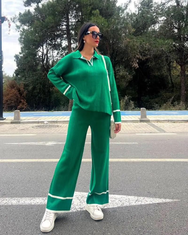Костюм женский 19k One Size c прямыми брюкам и кофтой с длинным рукавом Зеленый с белым (10619403)