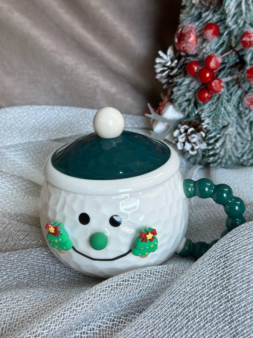 Чашка новорічна Snowman фарфорова з кришкою та ложкою 380 мл (R32285)