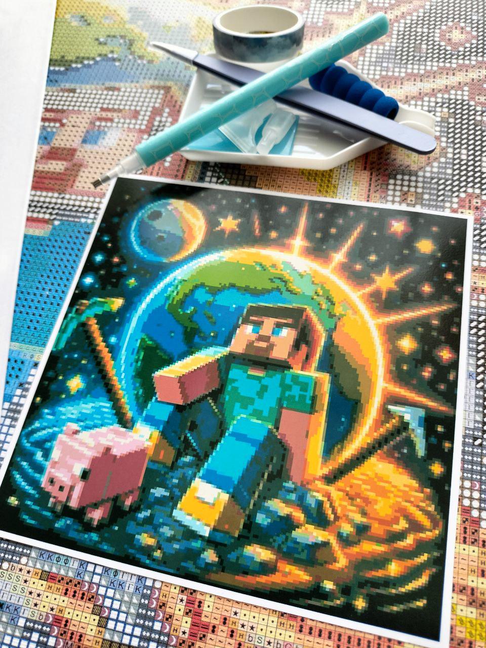 Алмазная мозаика АлМазка Майнкрафт Стив квадратные алмазы на подрамнике 40х40 см (АлМ-251) - фото 2