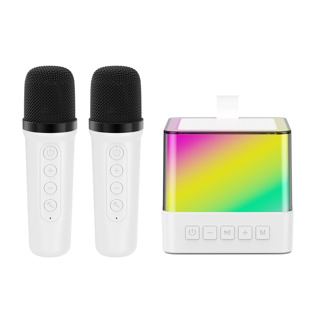Колонка-караоке аккумуляторная Bluetooth 2 микрофонами и RGB-подсветкой USB/FM-радио/TF-карта/AUX/микрофон Белый (MX-00009793Q)
