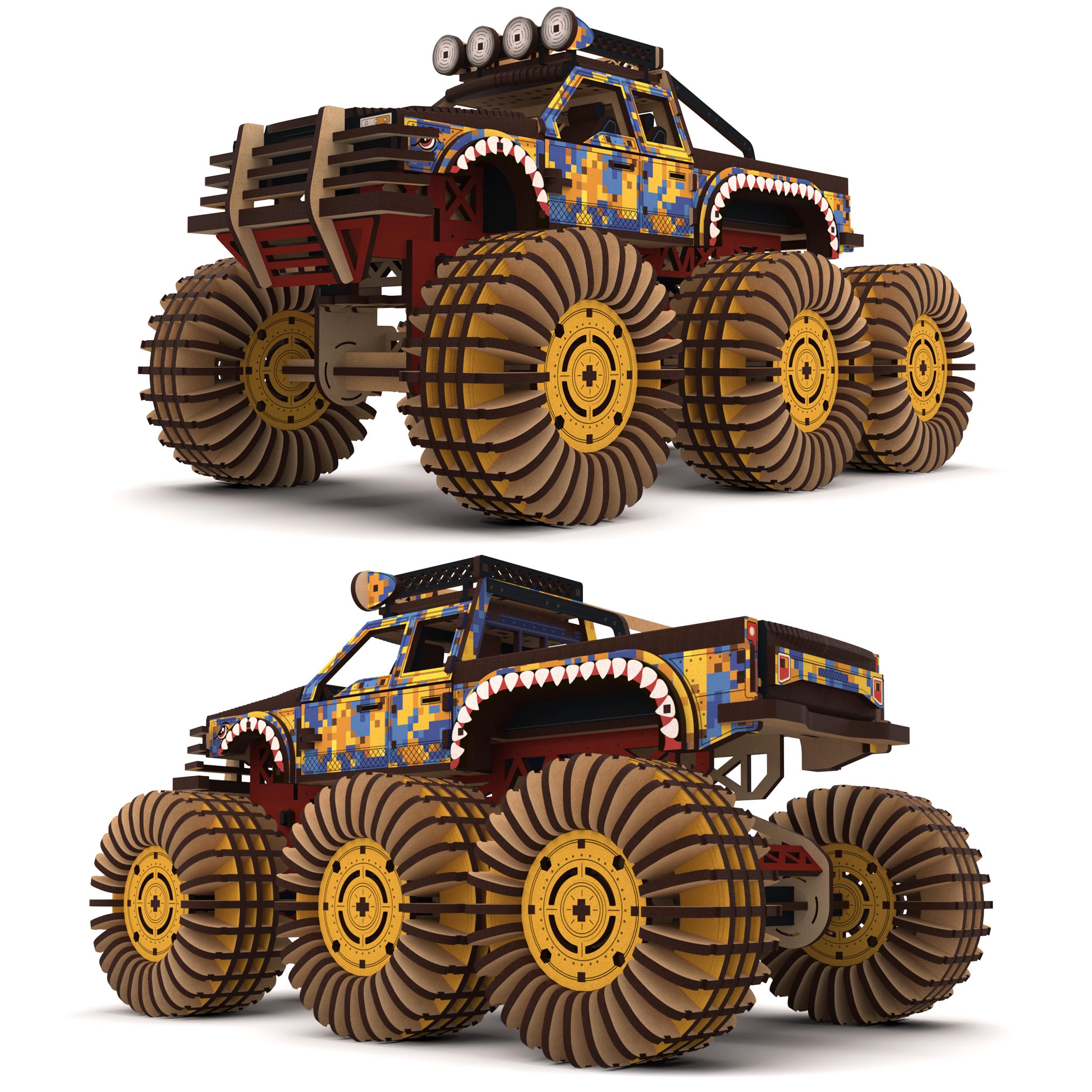 Конструктор 3D деревянный Thegravix Monster Truck 575 шт. Желто-Синий (03946) - фото 2