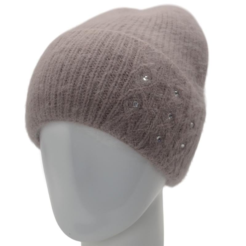 Шапка жіноча ангорова з відворотом утеплена флісом Novita Крокус з візерунком прикрашена стразами Попелястий - фото 1