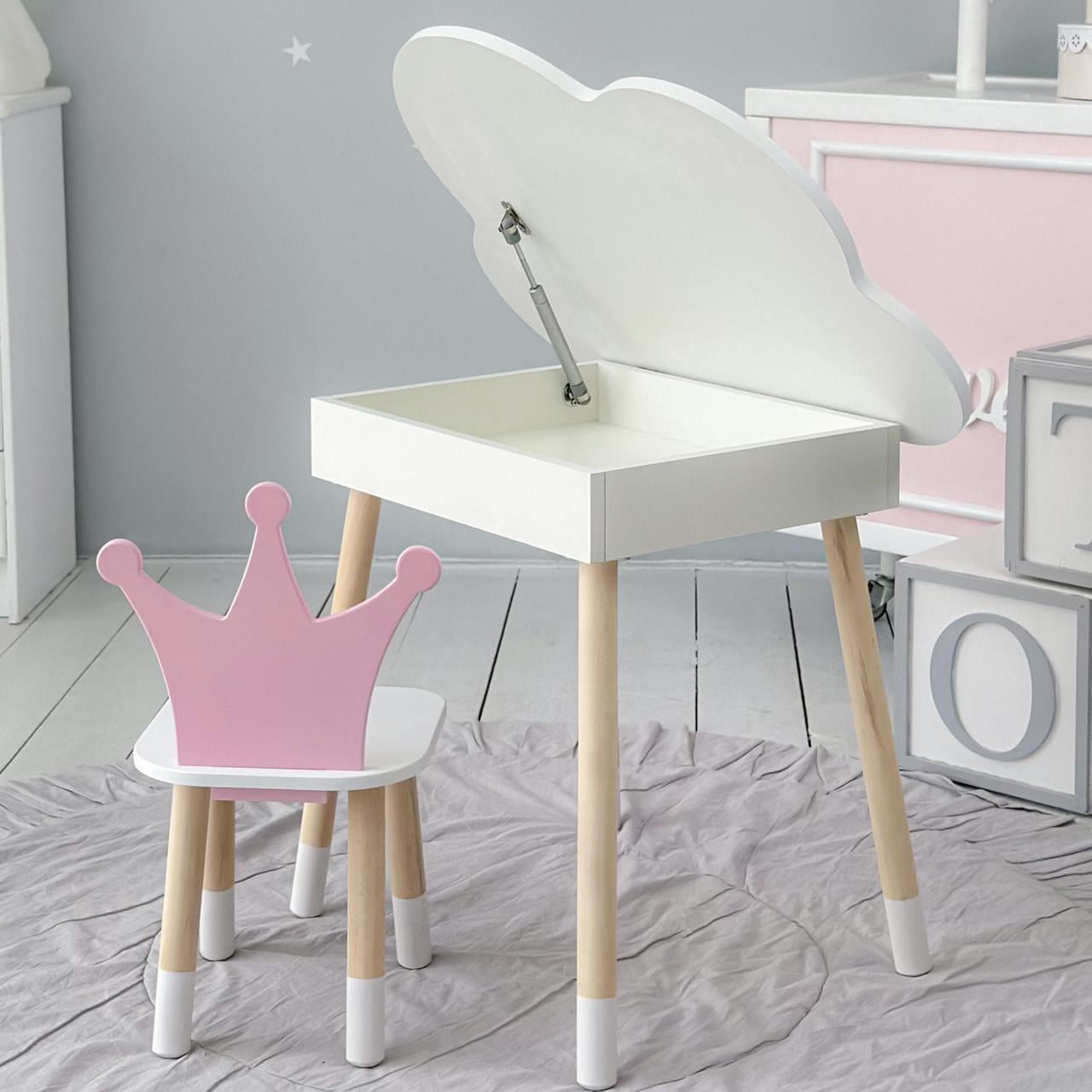 Детский стол облако с нишей и стульчик корона Розовый/Белый