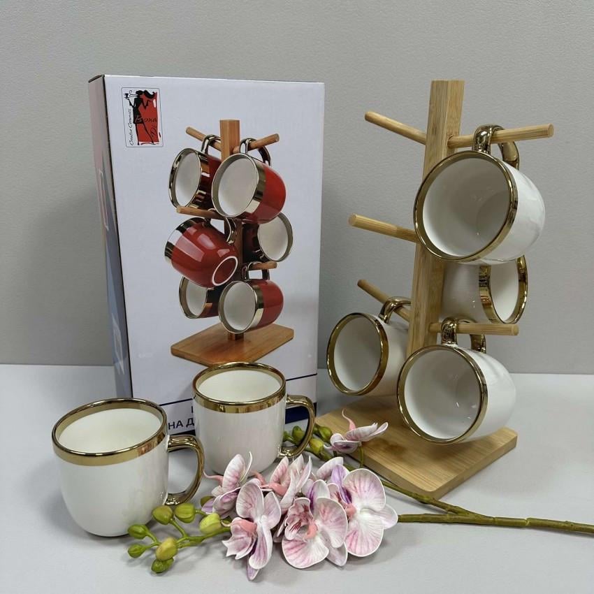 Набір порцелянових чашок на бамбуковій підставці Bona Di 905-221 Золота лінія 320 мл 6 шт. Білий - фото 2